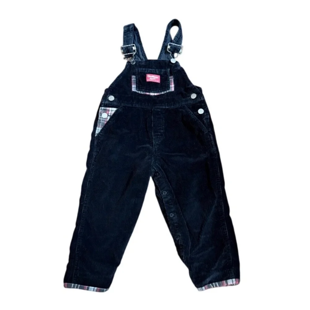 Vintage OshKosh B'gosh Black Corduroy Plaid Flannel Trim Overalls 3T Kids